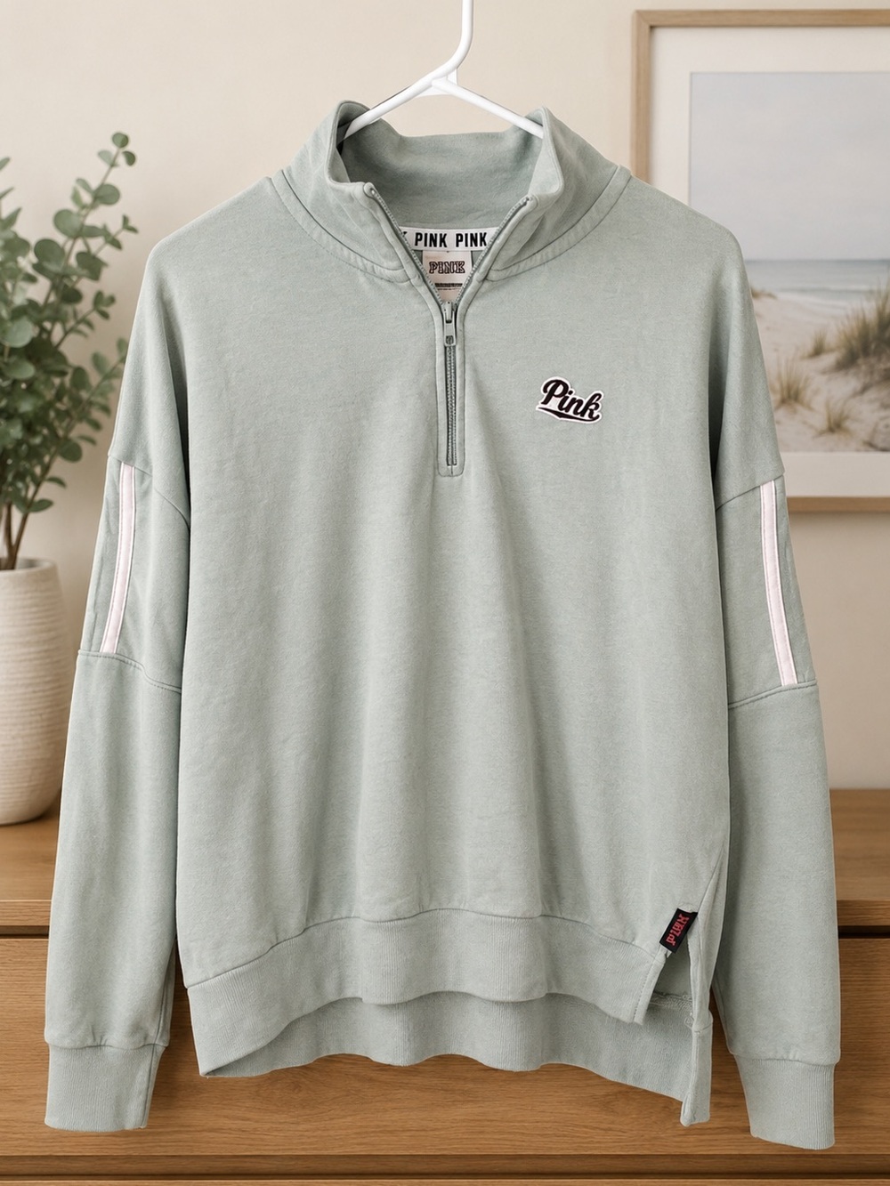 PINK Victoria's Secret Sage Green Quarter-Zip Sweatshirt